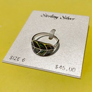 Women's Art Deco Ring Stunning Green Blue Enamel Leaf 925 Sterling Silver Size 6
